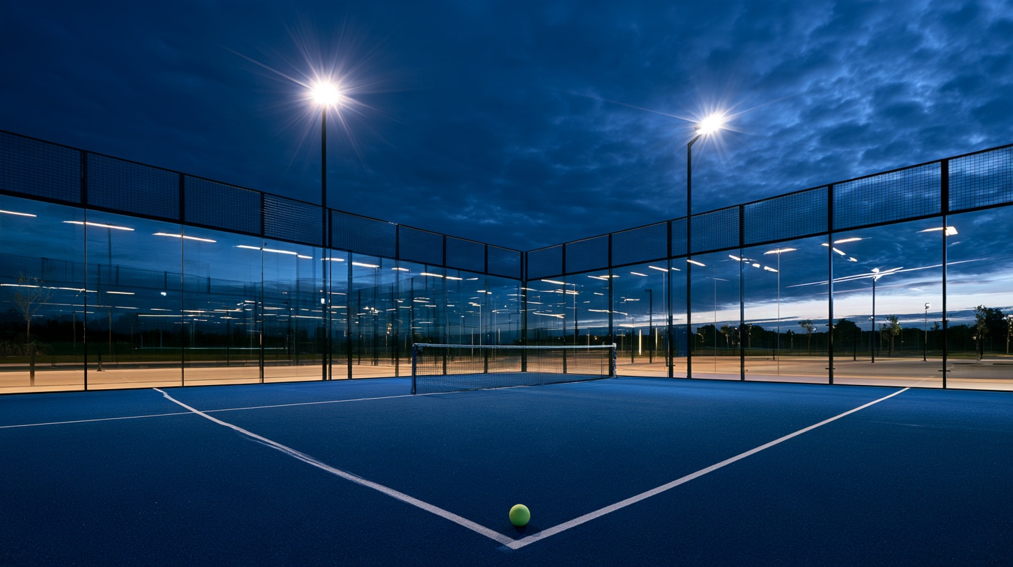 Padel-Court mit Glaswänden unter Flutlicht zur blauen Stunde