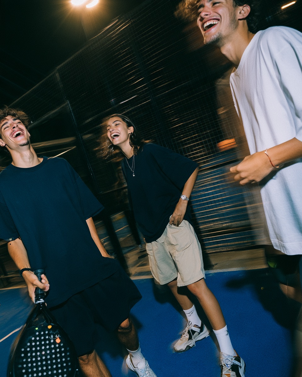 Eine Gruppe junger Menschen lacht abends auf einem Padel-Court