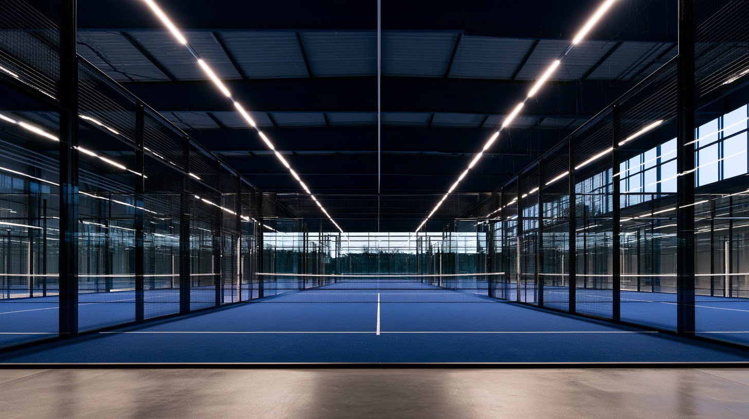 Moderne Padelhalle von innen mit Glaswänden und blauem Kunstrasen